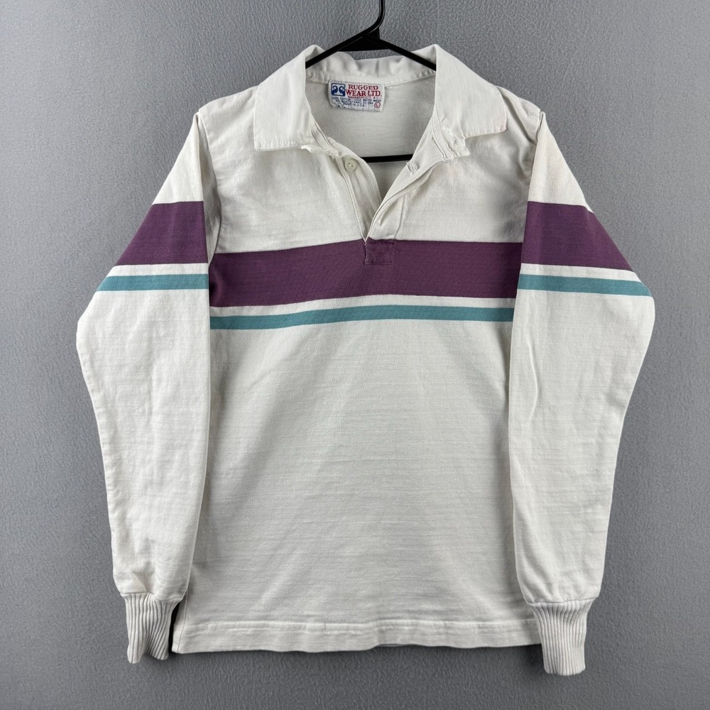 Vintage 80s Rugged Wear Rugby Shirt Mens Large (Fits Small) Cotton Made in USA